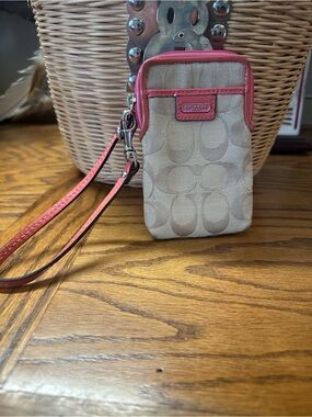 Coach Beige Signature Wristlet with Pink Trim